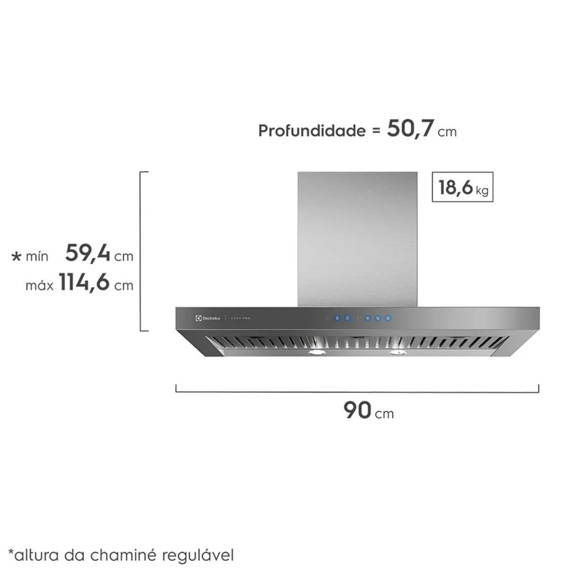 Coifa de Parede Electrolux 90cm Inox Home Pro Painel frontal de Vidro Espelhado 127V (90CTU)